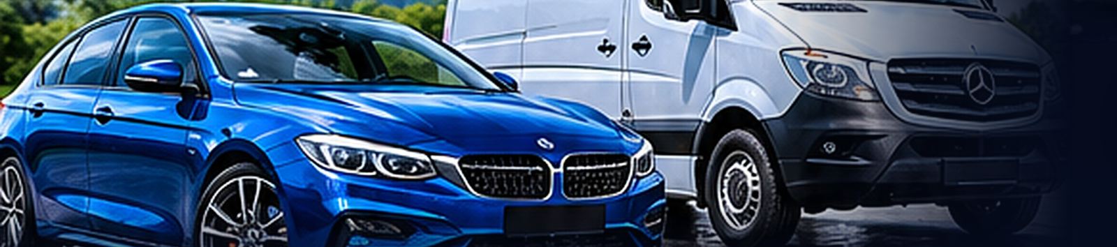 A freshly cleaned blue car and white van