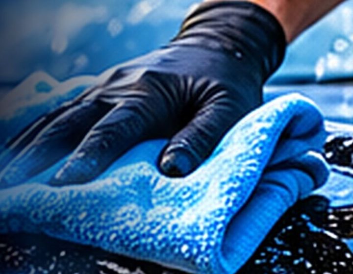 Gloved hand polishing a wet car with a blue microfibre cloth