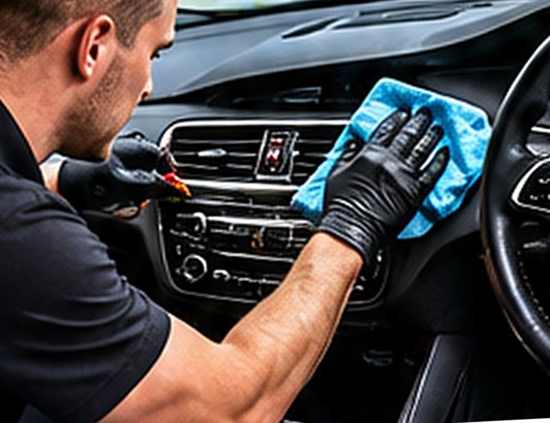 Valeter wiping down a car dashboard
